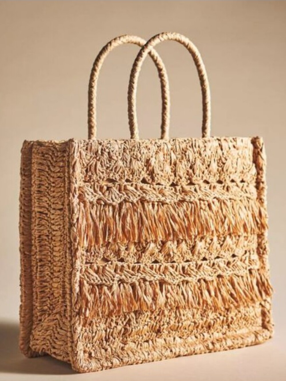 Anthropologie Raffia Fringe Woven Tote Bag in Natural NWOT
